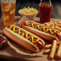 varm hundar med ketchup, gul senap, franska frites och soda. foto