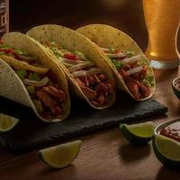 hög vinkel mexikansk tacos på trä- bakgrund foto