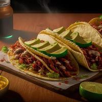 hög vinkel mexikansk tacos på trä- bakgrund foto