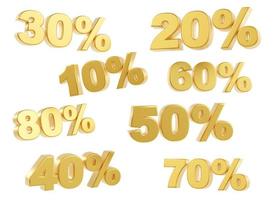 gyllene 10, 20, 30, 40, 50, 60, 70, 80 procent rabatt tecken isolerat på vit bakgrund. försäljning, särskild erbjudande, Bra pris, handla, handla. skära ut design element. 3d tolkning. foto