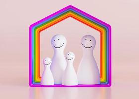HBTQ familj siffror i regnbåge hus. homosexuell föräldrar med barn. HBTQ adoption begrepp. hbtq, inkludera lesbiska, homosexuella, bisexuella och trans människor. mångfald, likvärdig äktenskap. 3d framställa. foto