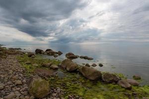 stenar på de kust av de baltic hav på solnedgång foto