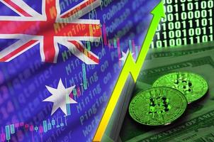 Australien flagga och kryptovaluta växande trend med två bitcoins på dollar räkningar och binär koda visa foto