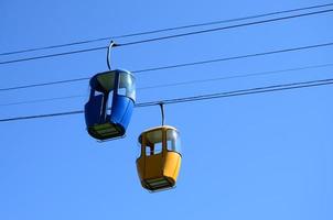blå och gul passagerare kabel- sätt hytter i de klar himmel foto