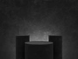 svart sten podium stå på minimal piedestal skede. tömma produkt visa attrapp plattform eller kosmetisk presentation monter. 3d tolkning. foto