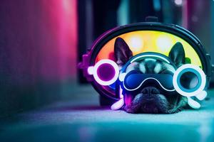 cyberpunk virtuell verklighet hund , klädd i neon Färg kläder foto