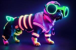 cyberpunk virtuell verklighet hund , klädd i neon Färg kläder foto