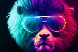 cyberpunk lejon med solglasögon, klädd i neon Färg kläder foto