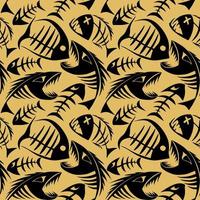 ljus sömlös mönster av svart grafisk fisk skelett på en gyllene bakgrund, textur, design foto