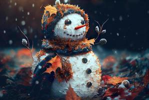 Lycklig snögubbe i vinter- secenery bakgrund foto