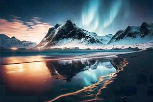 aurora borealis över de hav, snöig bergen och stad lampor på natt foto