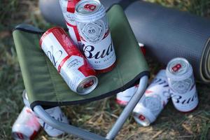 sumy, ukraina - augusti 01, 2022 få burkar av budweiser lageröl alkohol öl på fiskare stol utomhus. budweiser är en varumärke från anheuser-busch inbev foto