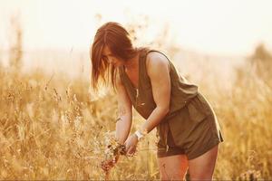 beautful flicka promenader genom de fält med hög gräs och samlar blommor. Fantastisk solljus foto