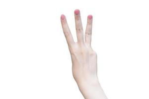 en kvinnas hand innehar upp en siffra 3 fingrar på en vit bakgrund. foto