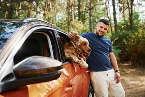 man står förbi de bil i de skog. söt hund i fordon utseende genom de fönster foto