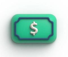 3d grön sedel dollar kontanter ikon på isolerat vit bakgrund. tecknad serie minimal stil. pengar sparande, utbyta, finansiera och budget begrepp. realistisk 3d vektor pengar ikon. foto