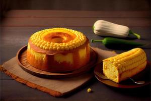 utsökt majs kaka på tabell typisk brasiliansk kaka foto