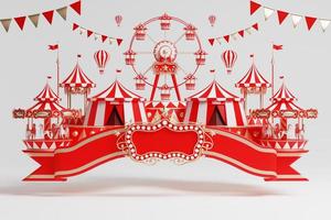 3d nöje parkera, cirkus, karneval rättvis tema podium med många rider och butiker cirkus tält 3d illustration foto