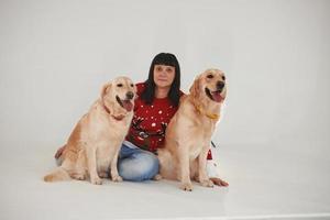 kvinna är med henne två gyllene retrievers i de studio mot vit bakgrund foto