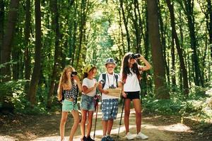 sökande för de väg. barn promenader i de skog med resa Utrustning foto