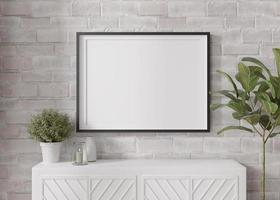 tömma horisontell bild ram på vit tegel vägg i modern levande rum. falsk upp interiör i minimalistisk, samtida stil. fri Plats för din bild, affisch. trösta, ljus, växt. 3d tolkning. foto