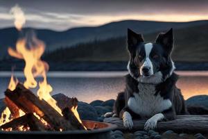 en hund sitter Nästa till en värma mysigt lägereld förbi de kustlinje i norge, en rädda gräns collie vem är mycket Lycklig till vara utomhus camping om igen. foto