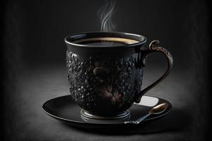 de perfekt kaffe i en svart kaffe råna mot en träkol bakgrund foto