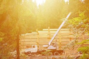 de bearbeta av byggnad en trä- hus från trä- balkar av cylindrisk form. kran i arbetssätt tillstånd foto