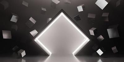 stråle reflexion bakgrund kub modern utställningslokal tömma scen neon ljus och laser teknologi 3d illustration foto