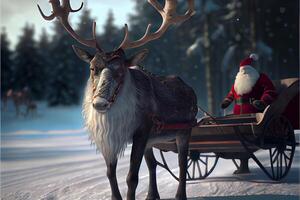 santa claus ridning en rådjur i en släde, tecknad serie 3d glad jul foto