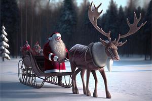 santa claus ridning en rådjur i en släde, tecknad serie 3d glad jul foto