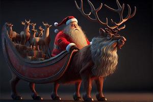 santa claus ridning en rådjur i en släde, tecknad serie 3d glad jul foto