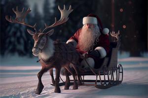 santa claus ridning en rådjur i en släde, tecknad serie 3d glad jul foto
