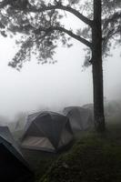 berg landskap och tält i de dimma foto