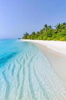 exotisk paradis. resa, turism och semester begrepp. palmer på tropisk strand landskap, lyx tillflykt och oändlighet blå hav, maldiverna ö. Fantastisk, underbar landskap, sommar strand bakgrund foto