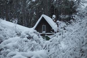 hus i by i vinter. massor av snö på tak av gammal hus. foto