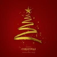 xmas träd tillverkad av gyllene band och glitter guld konfetti med en gyllene stjärna på en röd bakgrund. glad jul och Lycklig ny år baner, affisch och hälsning kort. 3d tolkning. foto