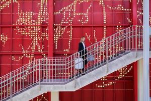 elegant kvinna gående med väska och resväska i de järnväg station foto