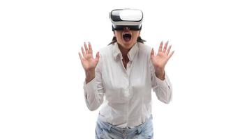 kvinna med glasögon av virtuell verklighet. framtida teknikkoncept. foto