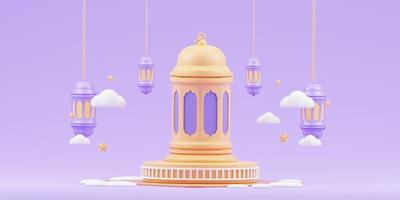 islamic ramadan hälsning bakgrund med söt 3d moské och islamic halvmåne foto
