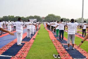 grupp yoga övning session för människor av annorlunda ålder grupper på cricket stadion i delhi på internationell yoga dag, stor grupp av vuxna delta yoga session foto