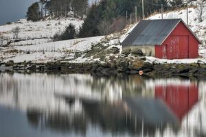 rorbuer reflekterad längs vagspollen i de lofoten öar, Norge i de vinter. foto