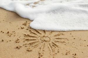 teckning av Sol på de sand och hav Vinka skum foto