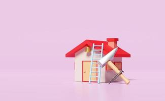 röd hus leksak med hammare, nagel, stege eller trappa isolerat på rosa bakgrund. reparera underhåll begrepp, 3d illustration, 3d framställa foto