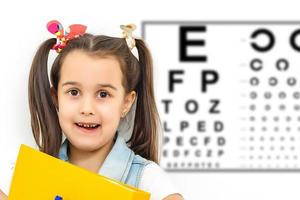 begrepp syn testning. barn flicka på de läkare ögonläkare foto