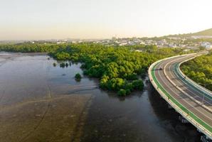 antenn se av kurva väg med grön mangrove skog och havet stad. mangrove ekosystem. mangrove fånga co2 från de atmosfär. blå kol ekosystem. mangrove absorbera kol dioxid utsläpp. foto