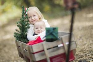 bebis bror och syster drog i vagn med jul träd foto