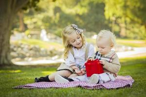 liten flicka ger henne bebis bror en gåva på parkera foto