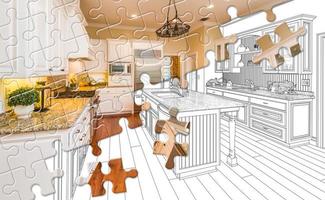 pussel bitar passande tillsammans avslöjande färdiga kök bygga över teckning foto