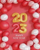3d tolkning. guld text siffra 2023 och vit ballonger sammansättning på röd bakgrund. design för Lycklig ny år bakgrund. foto
